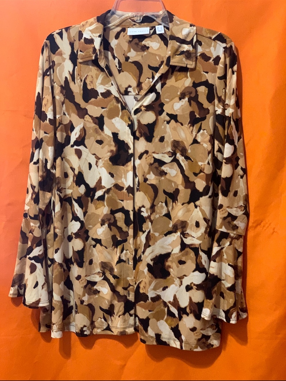 Susan Graver Tan Brown Black Abstract-Print Button-Down Top